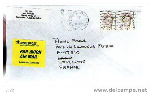 Etats Unis Lettre Cover Par Avion Via Air Mail Worldpost CAD San Bernardino 9-05-1994 / Tp Paire Chester Nimitz - Storia Postale