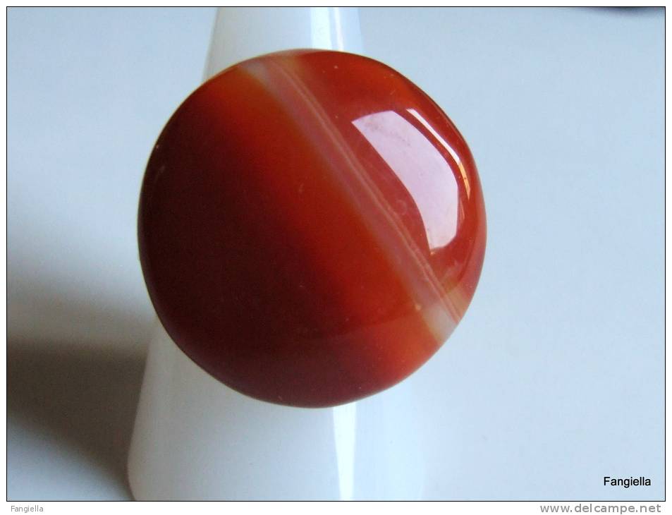 Bague En Agate Orange Marron Sur Très Gros Anneau Réglable En Argent Massif   Le Cabochon Fait Environ 24/25x7mm. - Anelli