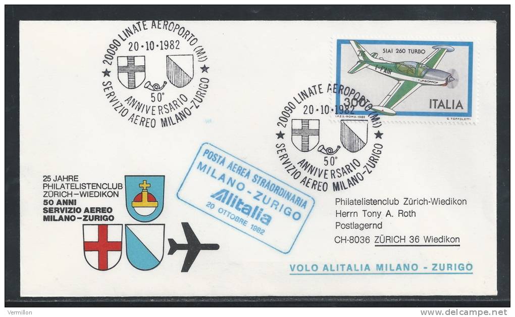 AZ-/-048.--VOL ALITALIA  - MILANO - ZURIGO ,  VOL SPECIAL, 50 Eme ANN.  SERVICE AERO , 20/10/1982, Je Liquide !! - Poste Aérienne