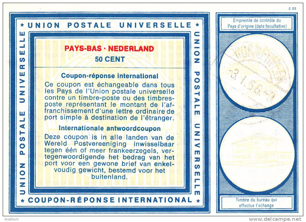 Coupon Réponse IRC Pays-Bas 50 Cent - C 22 Nederland 1968 - Coupons-réponse