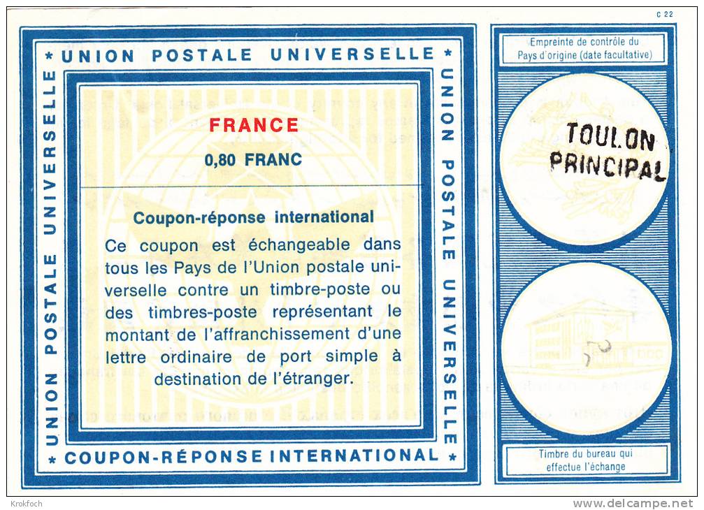 Coupon Réponse IRC France 0,80 Francs - C 22 Toulon Principal - Coupons-réponse