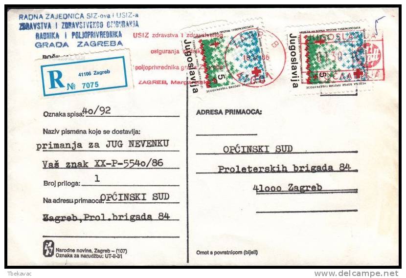 Yugoslavia 1986, Registred Cover W./ Red Cross Charity Stamps & Red Postmarks - Covers & Documents