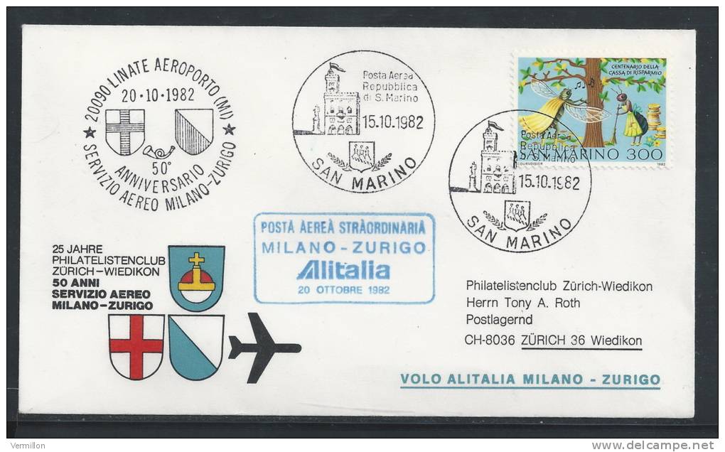 HZ-/-083-- VOL ALITALIA  - MILANO - ZURIGO ,  VOL SPECIAL, 50 Eme ANN.  SERVICE AERO , 15/10/1982, Je Liquide !! - Poste Aérienne