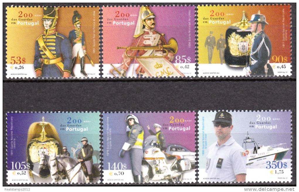 PORTUGAL - 2001,  200 Anos Das Guardas Em Portugal  ( Série, 6 Valores )    ** MNH  MUNDIFIL  Nº  2825/30 - Unused Stamps
