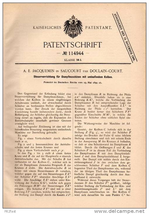 Original Patentschrift - A. Jacquemin In Saucourt Par Doulaincourt , 1899 , Contrôle Pour Machines à Vapeur !!! - Historische Dokumente