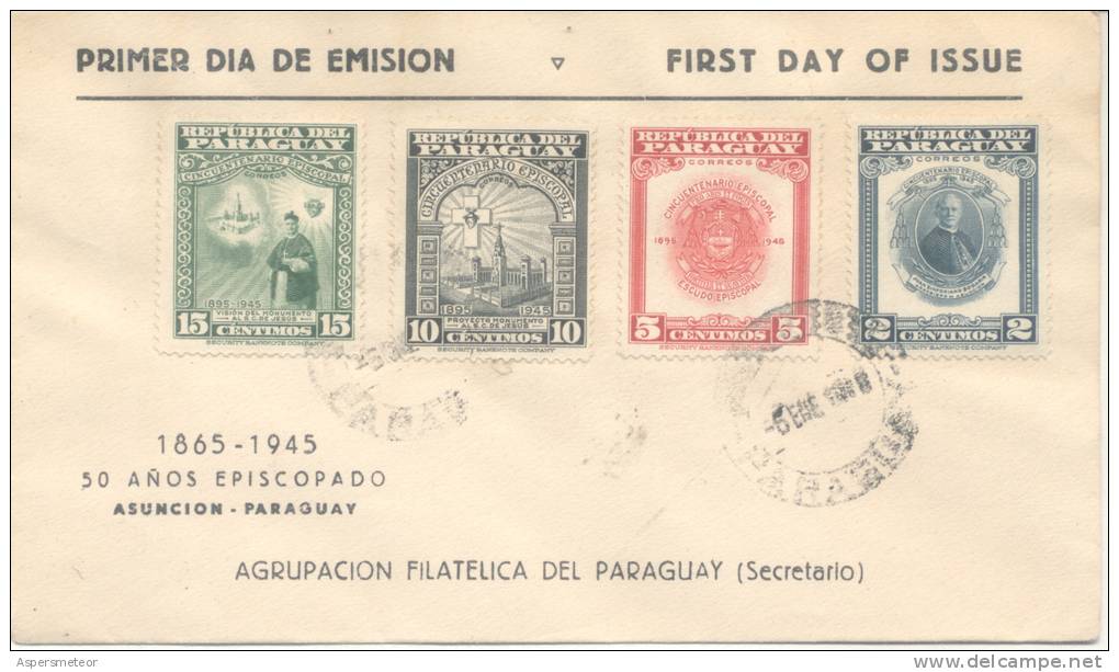 PARAGUAY 50 AÑOS DE EPISCOPADO 1895-1945 ERROR EN EL SOBRE DICE 1865-1945 SERIE COMPLETA CIRCULEE RARE ERREUR - Paraguay