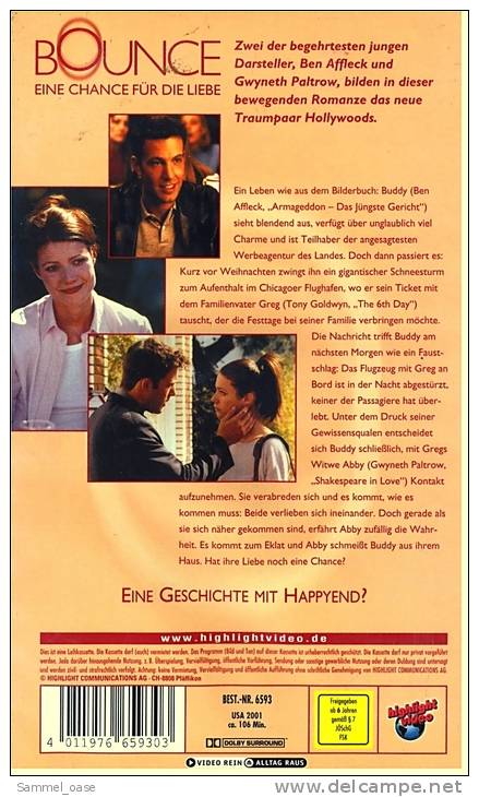 VHS Video  , Bounce - Eine Chance Für Die Liebe   -   Gwyneth Paltrow , Ben Affleck , Tony Goldwyn , Alex D. Linz - Romantique