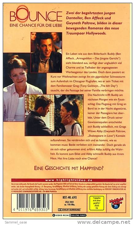 VHS Video  , Bounce - Eine Chance Für Die Liebe   -   Gwyneth Paltrow , Ben Affleck , Tony Goldwyn , Alex D. Linz - Romantici