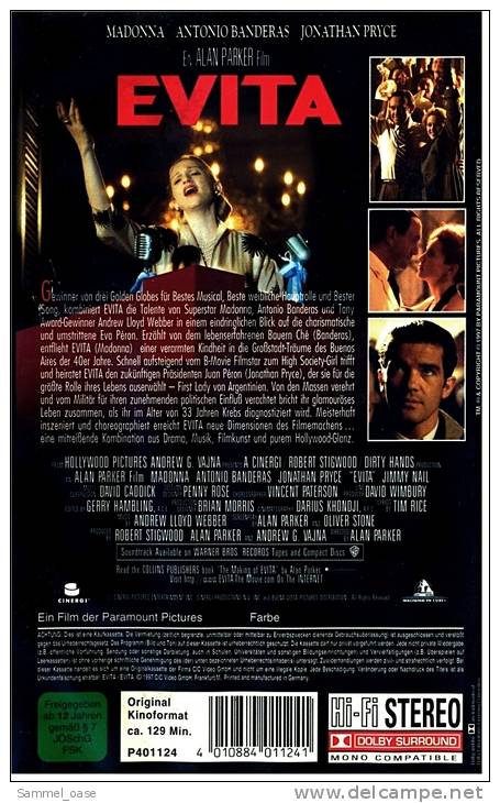 VHS Video  , EVITA  -   Mit Julian Littman , Mark Ryan , Jonathan Pryce , Antonio Banderas - Von 1997 - Musicals