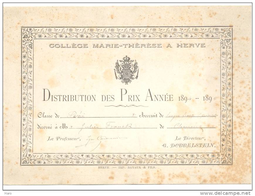 HERVE - Collège Marie-Thérèse - Distribution Des Prix - Année 1894/1895 - Diplomas Y Calificaciones Escolares