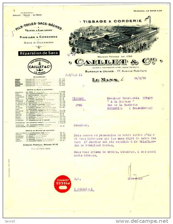 72 - LE MANS  - 77 Rue Rubillard - CAILLET Et CIE  - Tissage Et Corderie  . A4 - Textile & Vestimentaire