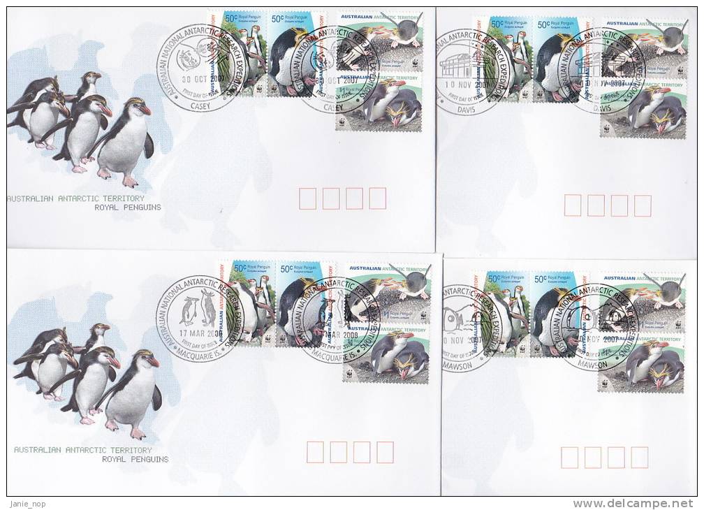 AAT 2007 Royal Penguins, Eudyptes Set 4 Bases FDC - Other & Unclassified