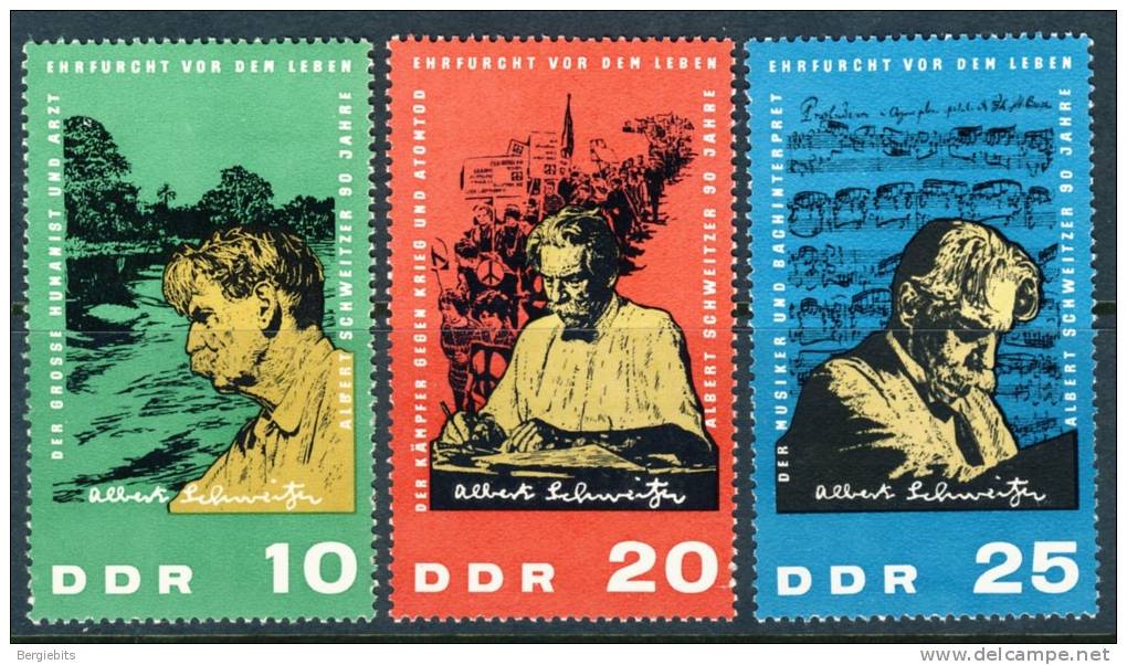 1965 GDR Complete MNH (**) Set Of 3 Stamps " 90th Birthday Of Albert Schweitzer   " Michel 1084-86 - Unused Stamps