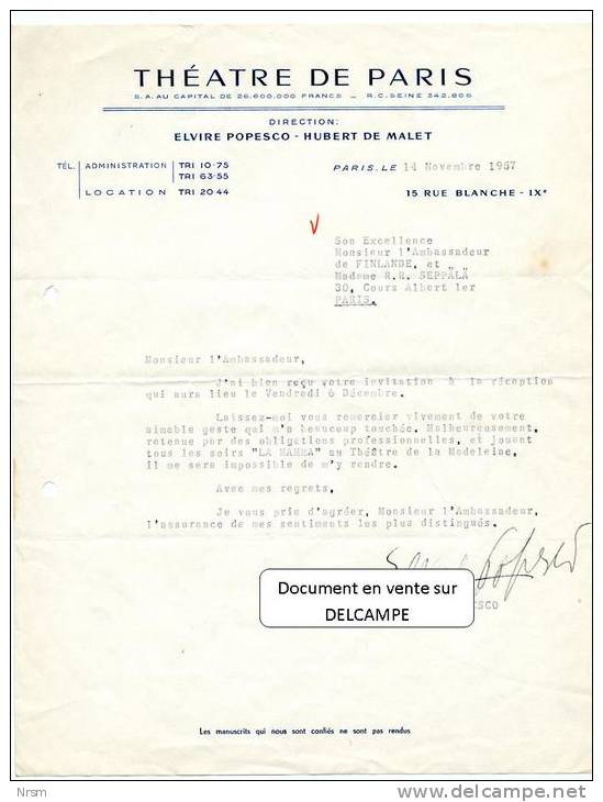 Lettre Signée Par ELVIRE POPESCO De 1957 - Théâtre De Paris / Ambassadeur De Finlande - Other & Unclassified