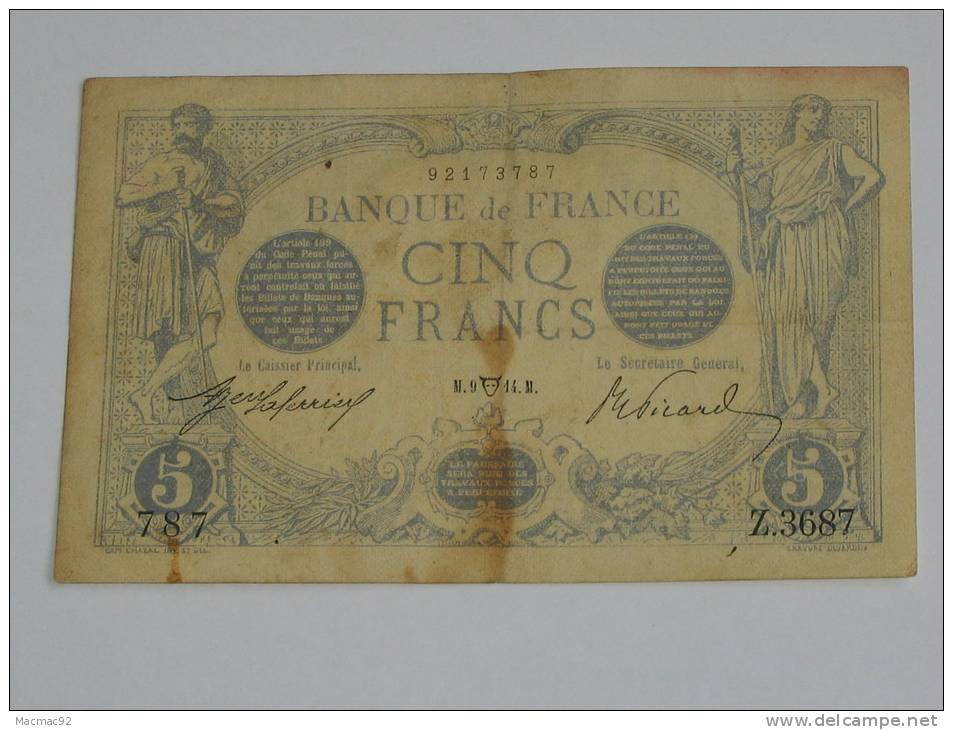 5 Francs - Cinq Francs Bleu - Type 1905 - Avril 1914 ( Taureau) **** EN ACHAT IMMEDIAT ***** - 5 F 1912-1917 ''Bleu''