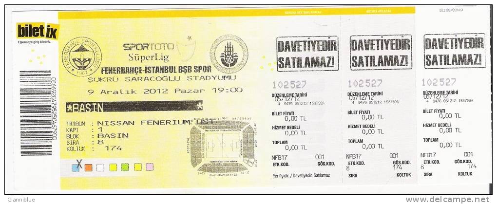 Fenerbahce-Istanbul BSB Spor Turkey League Football Match Ticket - Eintrittskarten