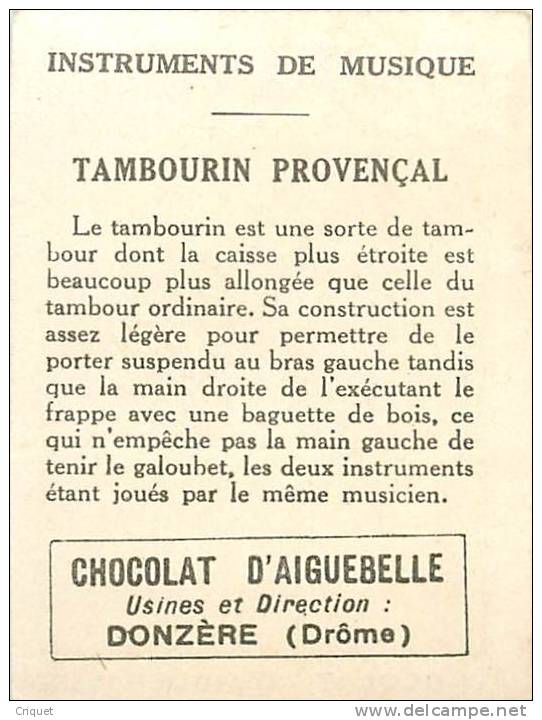 Chromo Chocolat Aiguebelle, Tambourin Provençal, Scan Recto-verso - Aiguebelle