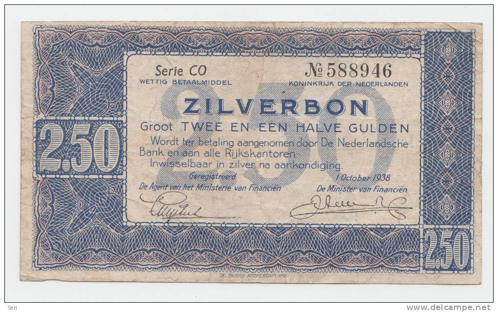 Netherlands 2.5 Gulden 1938 Zilverbon VF+ CRISP Banknote P 62 - 2 1/2 Gulden