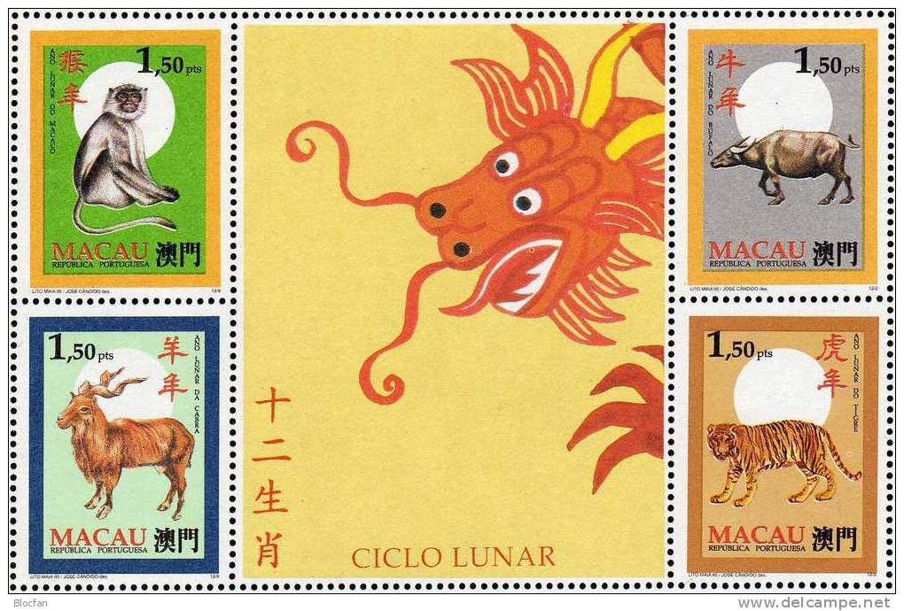 Tierzeichen In China 1995 Macao 832/43+ZD ** 36€ Neujahr 1984 Tiger Hahn Hase Ochse Affe Hund Schwein Ratte Set Of Macau - Neufs