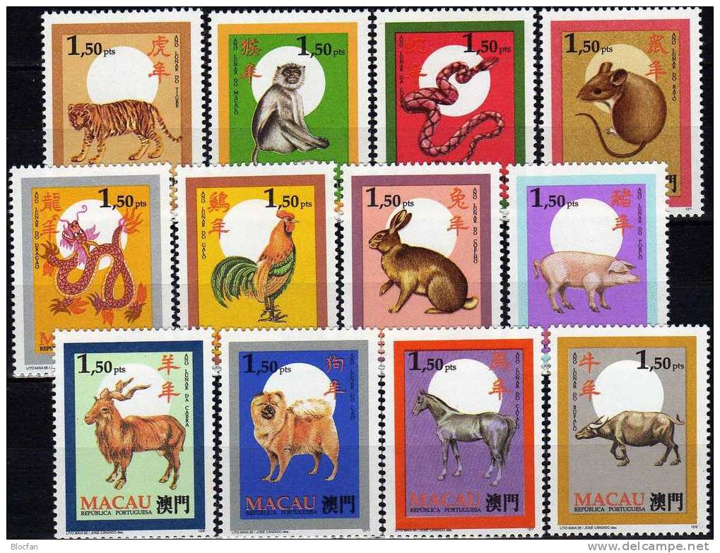 Tierzeichen In China 1995 Macao 832/43+ZD ** 36€ Neujahr 1984 Tiger Hahn Hase Ochse Affe Hund Schwein Ratte Set Of Macau - Neufs