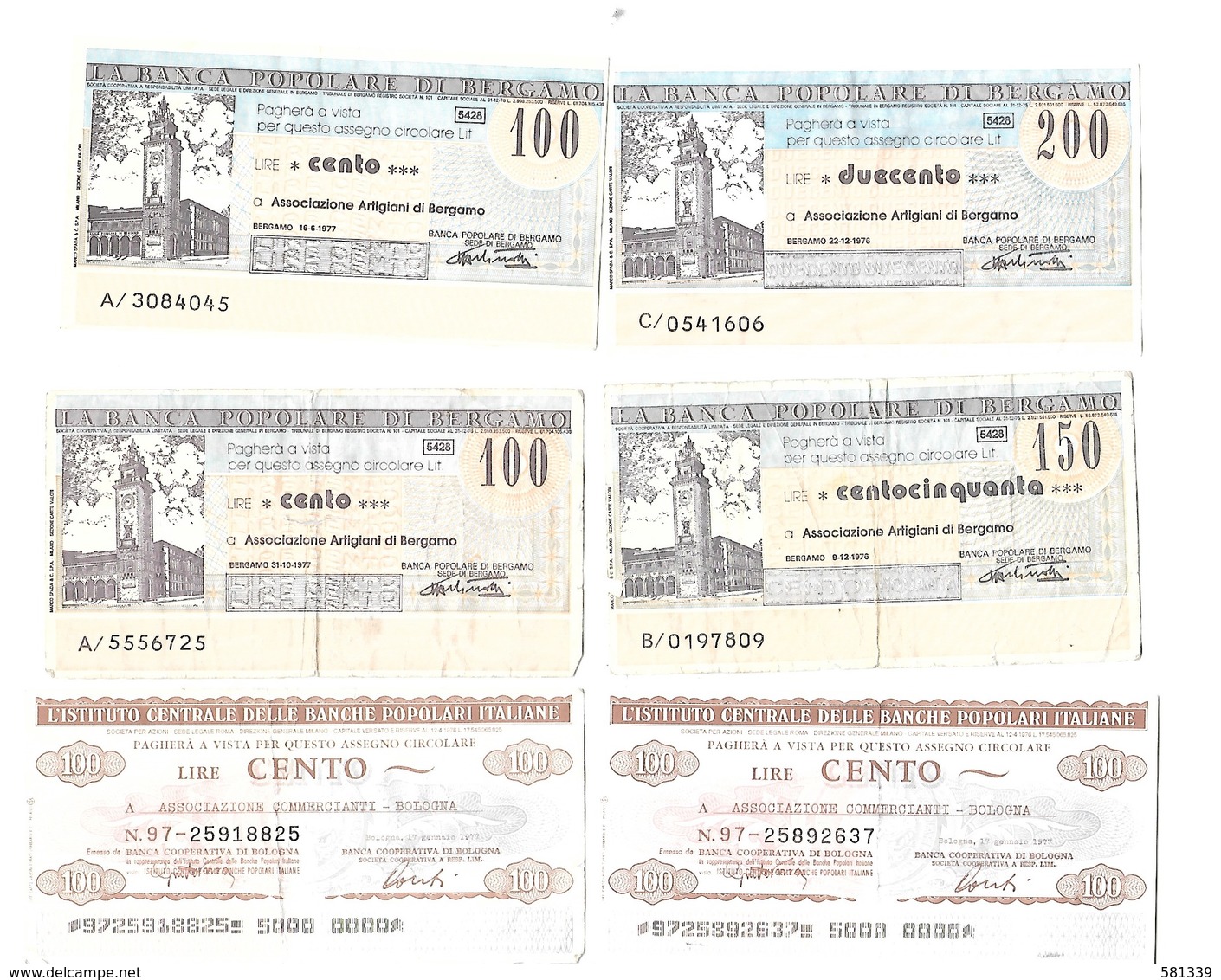 6 Miniassegni BANCA POPOLARE BERGAMO L.100 ,150, 200 + IST.CENT.BANCHE POPOLARI - [10] Chèques