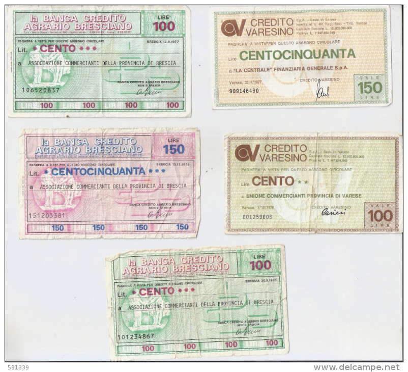 5 Miniassegni CREDITO VARESINO L.100 E 150 + CR AGRARIO BRESCIANO L.100 E 150 - [10] Checks And Mini-checks