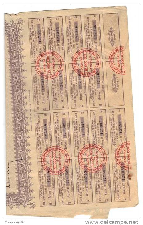 Action De 100 Francs Au Porteur Compagnie Française De Constructions Industrielles 1917 - Industry