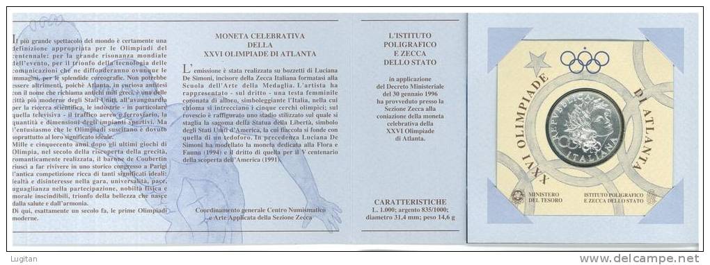 NUMISMATICA - XXVI OLIMPIADE DI ATLANTA EMISSIONE ANNO 1996 - L. 1000 ARGENTO - CONFEZIONE ZECCA - Tiratura 37.890 - Commemorative