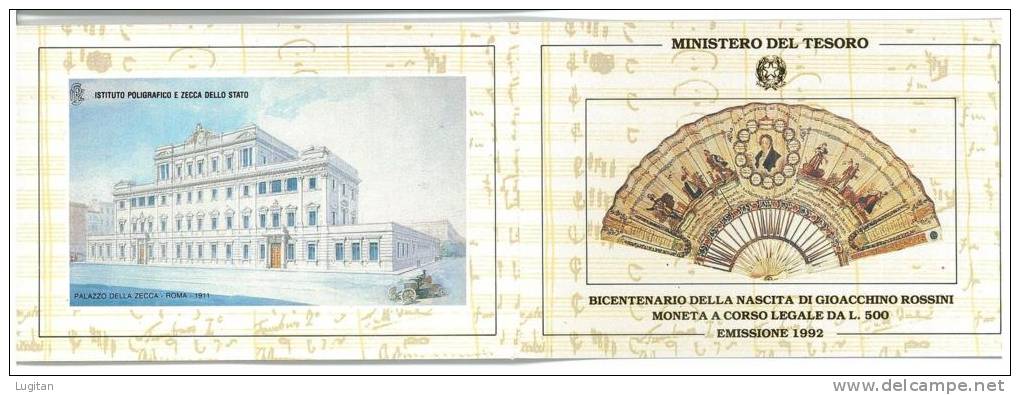 NUMISMATICA - BICENTENARIO NASCITA GIOACCHINO ROSSINI  EMISSIONE ANNO 1992 - L. 500 ARGENTO - CONFEZIONE ZECCA - Herdenking