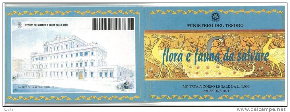 NUMISMATICA - FLORA E FAUNA DA SALVARE  EMISSIONE ANNO 1994 - L. 1000 ARGENTO - CONFEZIONE ZECCA - Commemorative