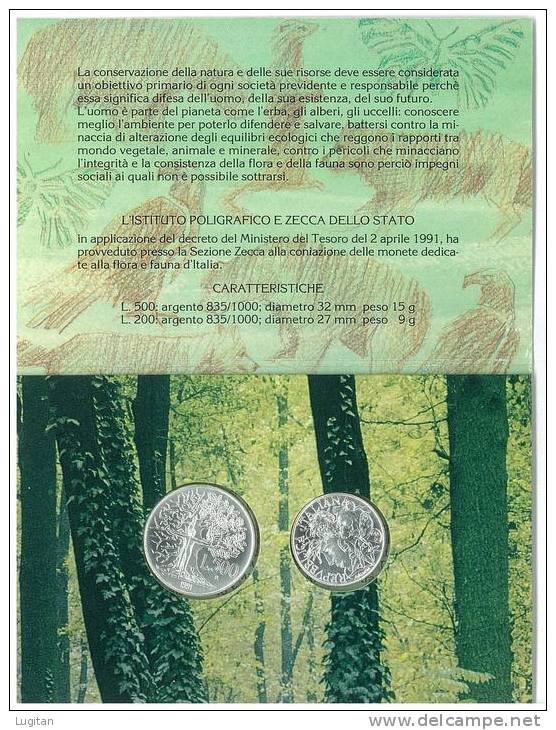 NUMISMATICA - FLORA E FAUNA DA SALVARE  DITTICO - EMISSIONE ANNO 1991 - L. 500 + 200 ARGENTO - CONFEZIONE ZECCA - Commemorative
