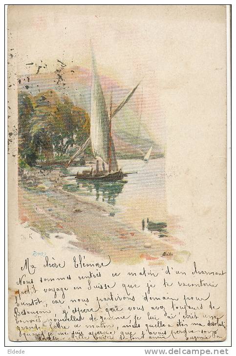 Rivaz Artistique Dessin Barque A Voile Du Leman  Timbrée Bourg En Bresse 1899 - Rivaz