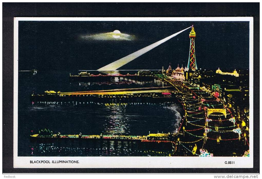RB 928 - Valchrome Postcard - Blackpool Illuminations - Piers &amp; Tower - Lancashire - Blackpool