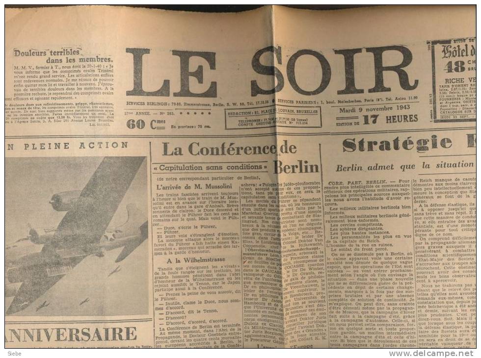 Le SOIR - Faux Soir Du 9 Novembre 1943 - Bombardier Americain ++ - Andere & Zonder Classificatie