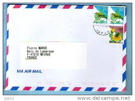 Lettre Cover Par Avion Via Air Mail Japon Nippon Pour La France - CAD Nagaguma ? 15-03-2000? / 3 TP Oiseaux & Insecte - Lettres & Documents