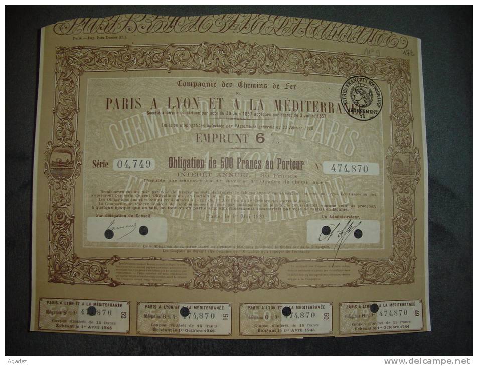 Obligation"Chemin De Fer De Paris à Lyon Et à La Méditérranée"Paris 1920 Bon état,reste Des Coupons,annulée - Chemin De Fer & Tramway