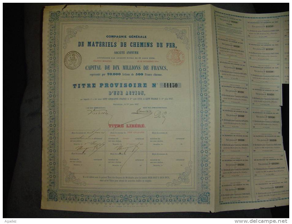 Titre Provisoire " Cie De Matériels De Chemins De Fer " Bruxelles 1857 Reste Des Coupons Rare - Railway & Tramway