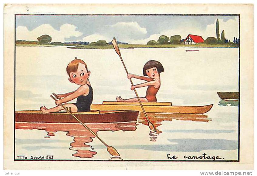 Themes Div- Sports - Ref E744- Illustrateur Tito Saubidet - Le Canotage - Enfants  -carte Bon Etat  - - Aviron