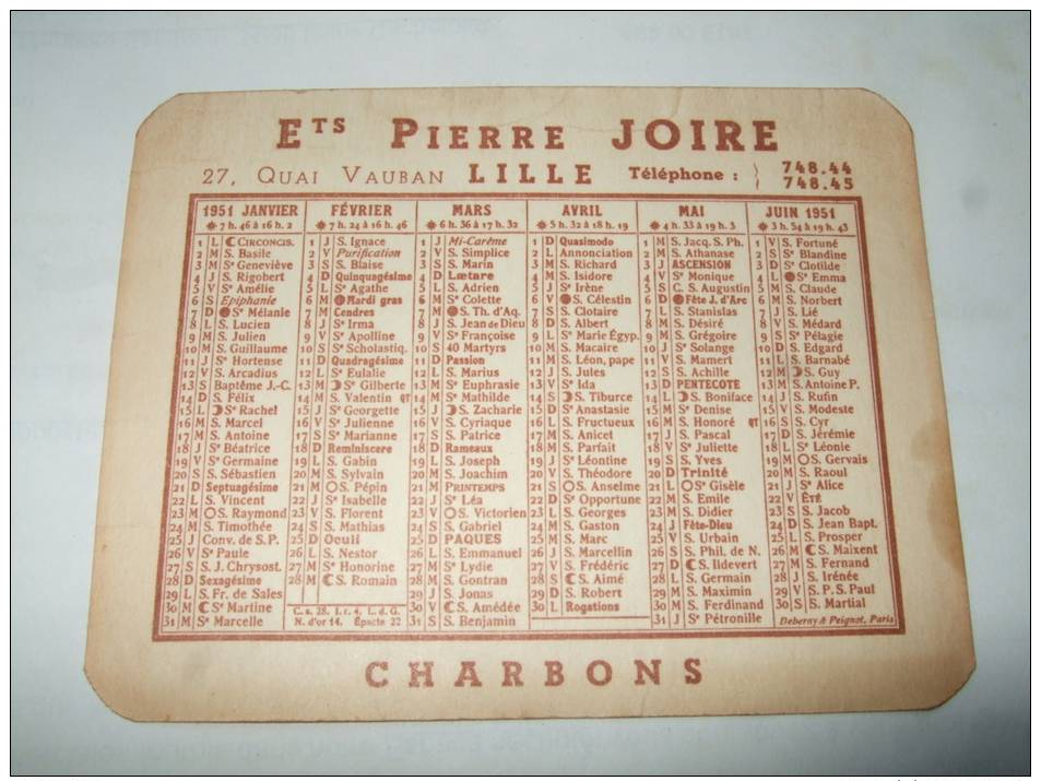 Calendrier Petit Format 1951 Ets Pierre JOIRE 27 Quai Vauban LILLE - CHARBONS- - Petit Format : 1941-60