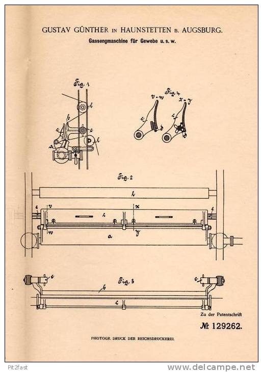 Original Patentschrift - G. Günther In Haunstetten B. Augsburg , 1901 , Gassengmaschine Für Gewebe !!! - Historical Documents