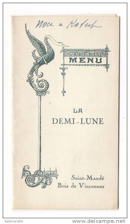 MENU DE NOCE  ( Décor CIGOGNE , Vers 1920 ) /  Restaurant " LA  DEMI - LUNE " , Bois De Vincennes , à  SAINT-MANDE - Menus