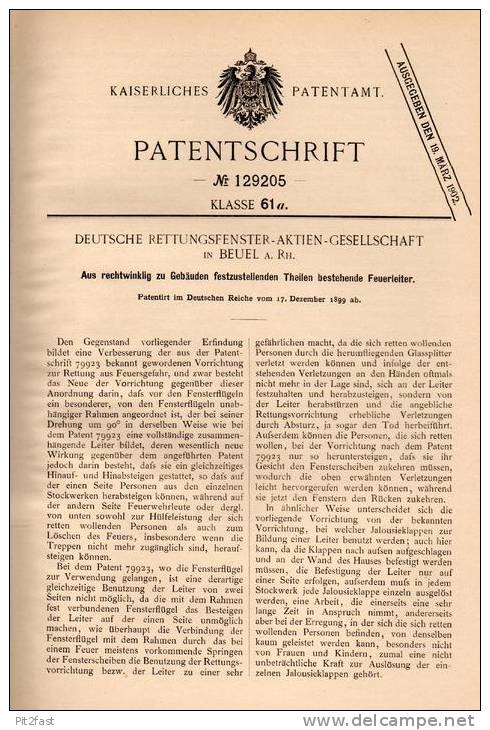 Original Patentschrift - Rettungsfenster AG In Beuel B. Bonn , 1899 , Feuerleiter Für Fenster , Fensterbau , Feuerwehr ! - Architectuur