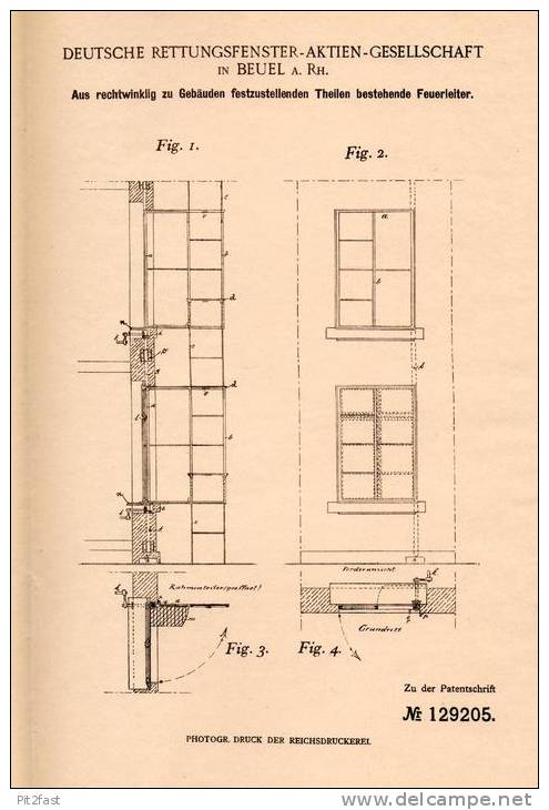 Original Patentschrift - Rettungsfenster AG In Beuel B. Bonn , 1899 , Feuerleiter Für Fenster , Fensterbau , Feuerwehr ! - Architektur