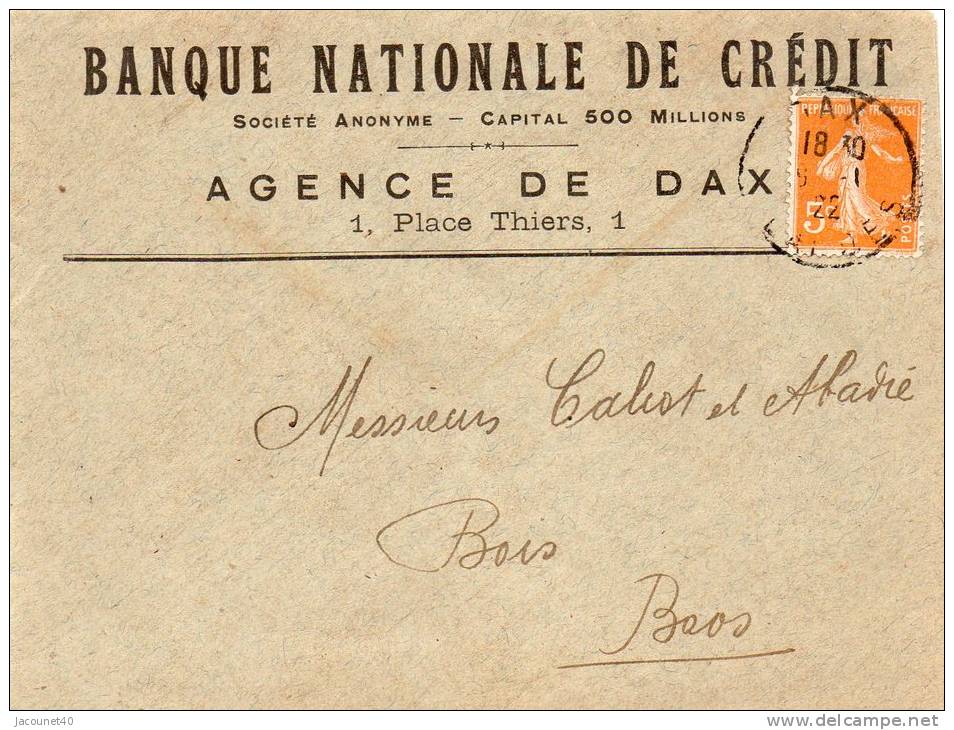 Dax 40 Lettre 1922 Banque Nationale De Credit - Post