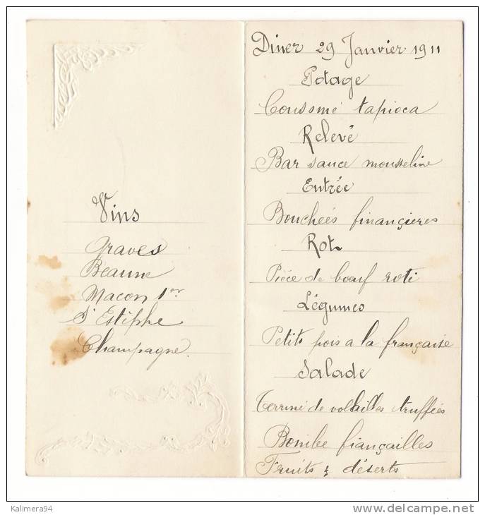 MENU  DE  DÎNER , En  Date  Du  29  JANVIER  1911 , Signé  A. GREUX  /  Place  :  Monsieur  COPINET - Menus