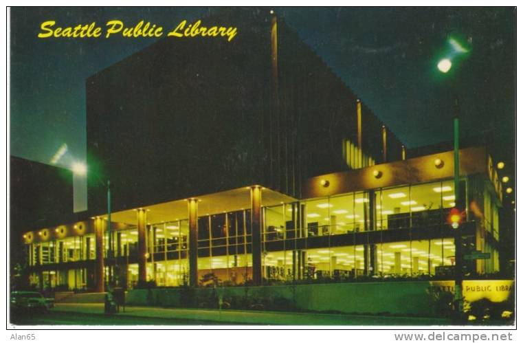Seattle WA Washington, Public Library At Night, Main Downtown Library, C1950s/60s Vintage Postcard - Bibliothèques