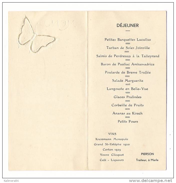 MENU  DE  DEJEUNER , En  Date  Du  5  SEPTEMBRE  1934  ( Papillon Aquarellisé Prédécoupé ) /  Place  :  Monsieur  GEAY - Menus