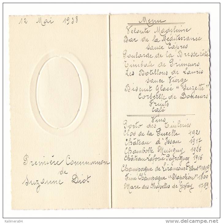 MENU  DE  1ère  COMMUNION  Manuscrit  ( De  Suzanne  DIOT ) , En  Date  Du  12  MAI  1938   ( Bonne Cuisine ) - Menú