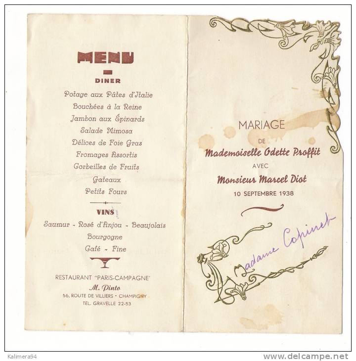 MENU  DE  MARIAGE  ( Marcel  DIOT + Odette PROFFIT ) , Du 10  SEPTEMBRE  1938 / Restaurant "PARIS-CHAMPAGNE" à CHAMPIGNY - Menus