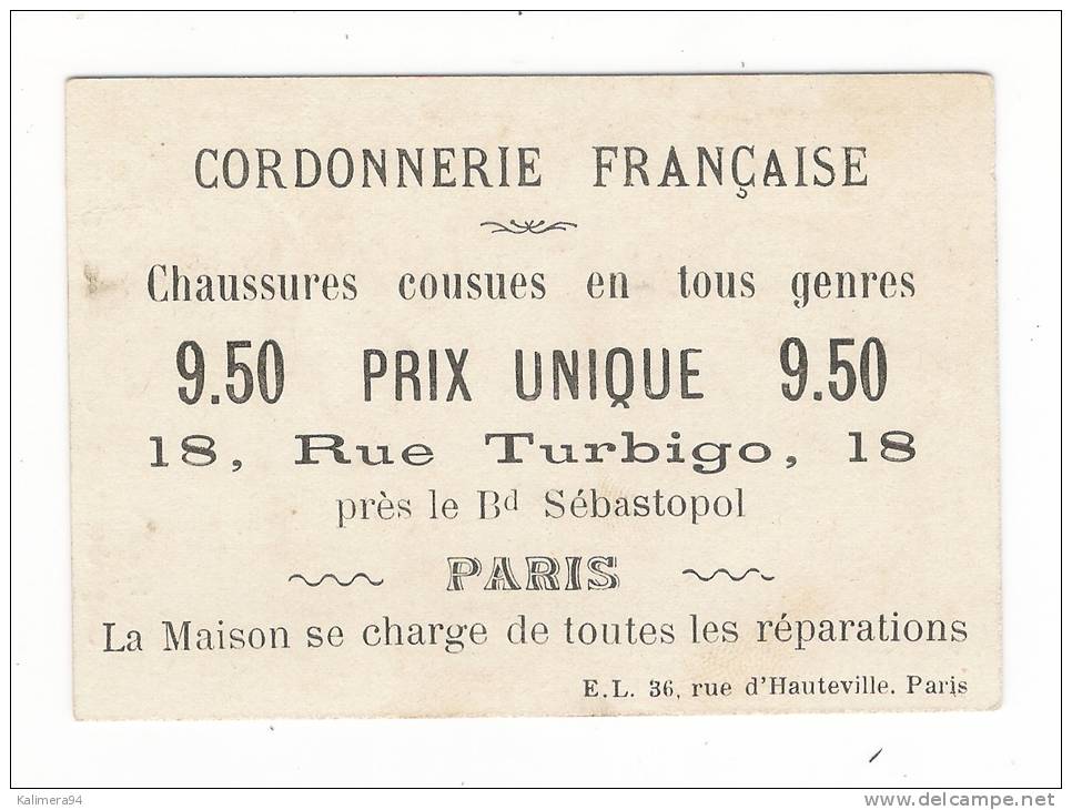 CHROMO  PUBLICITAIRE  " CORDONNERIE  FRANCAISE , Chaussures " /  LE  CIDRE  ( Paysan Sur âne, Serveuse, Alcool ) - Autres & Non Classés